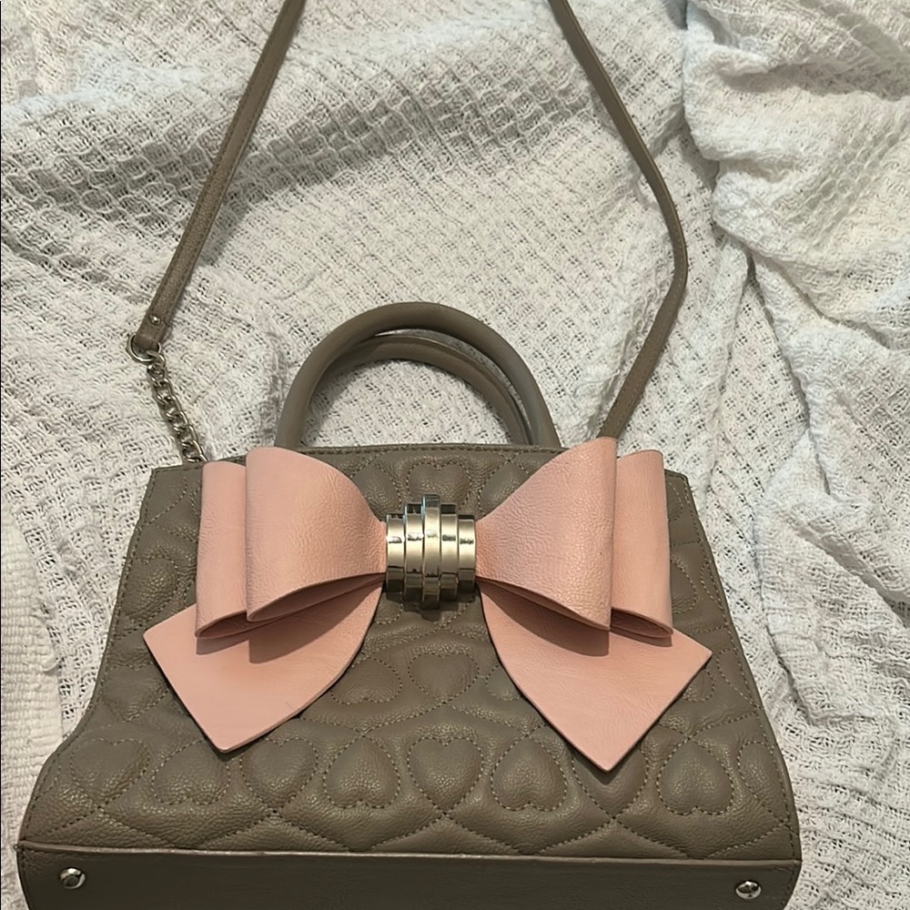 Betsey Johnson Pink and Gray Quilted Heart Satchel - Picture 2 of 5